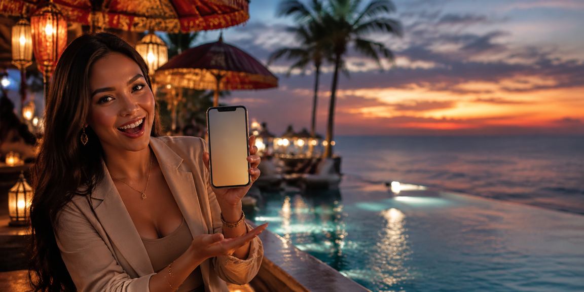 Pengguna mengakses aplikasi casino di tepi pantai menggunakan ponsel dengan suasana santai