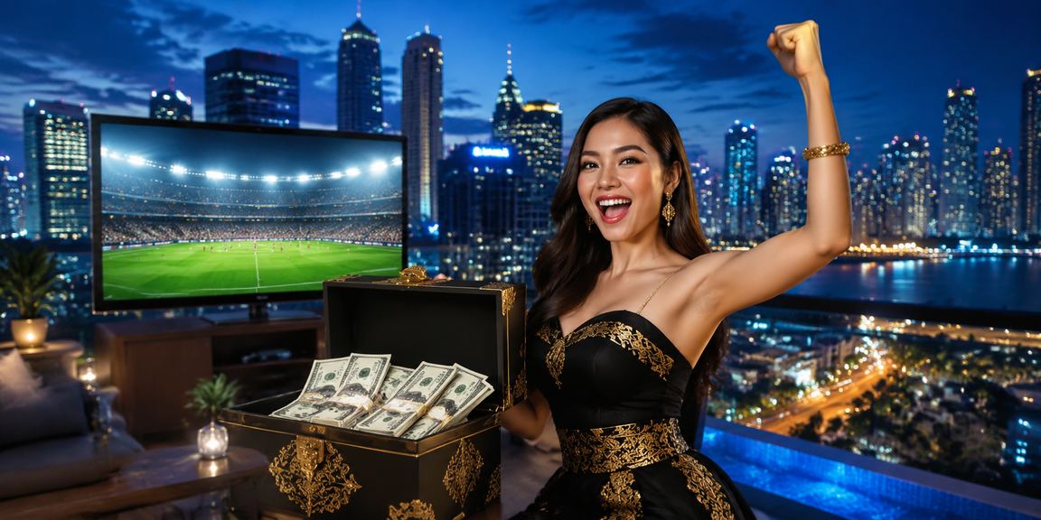 Model Vietnam berpose di depan layar taruhan dengan tampilan odds berwarna-warni