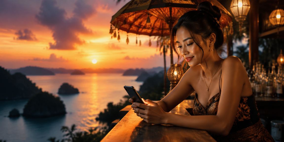 Model Vietnam memegang ponsel dengan tampilan rebate bonus di layar smartphone sore hari